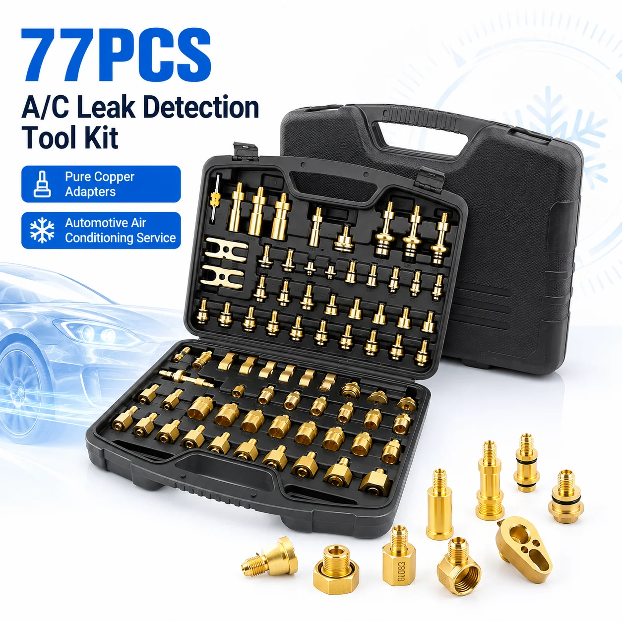 77PCS Pure Copper Car A/C Leak Test Tool Set, Automotive Air Conditioning Plugs, Pressure Joints and Adapters with Carry Case
