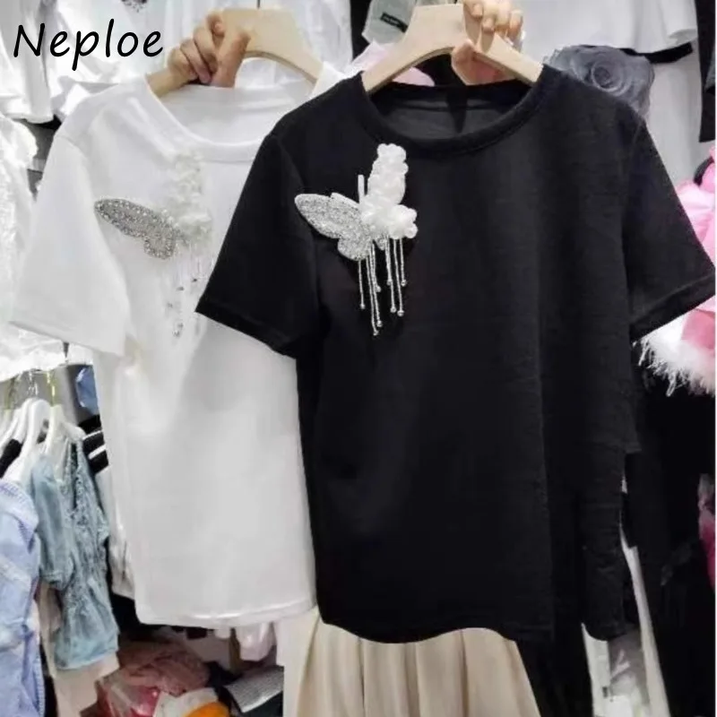 Neploe Fashion Simple Butterfly Tassel O-neck T-shirts Y2k All-match Short Sleeve Tee Shirt 2024 Summer New White Tops Women