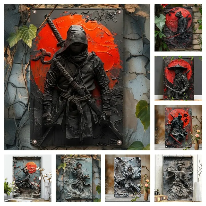 

1Pc Vintage Metal Japanese Ninja Samurai Wall Art Plaque Sign Perfect for Cafe Man Cave Bars Garden Home Room Clubs Garage Decor