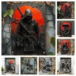 1Pc Vintage Metal Japanese Ninja Samurai Wall Art Plaque Sign Perfect for Cafe Man Cave Bars Garden Home Room Clubs Garage Decor