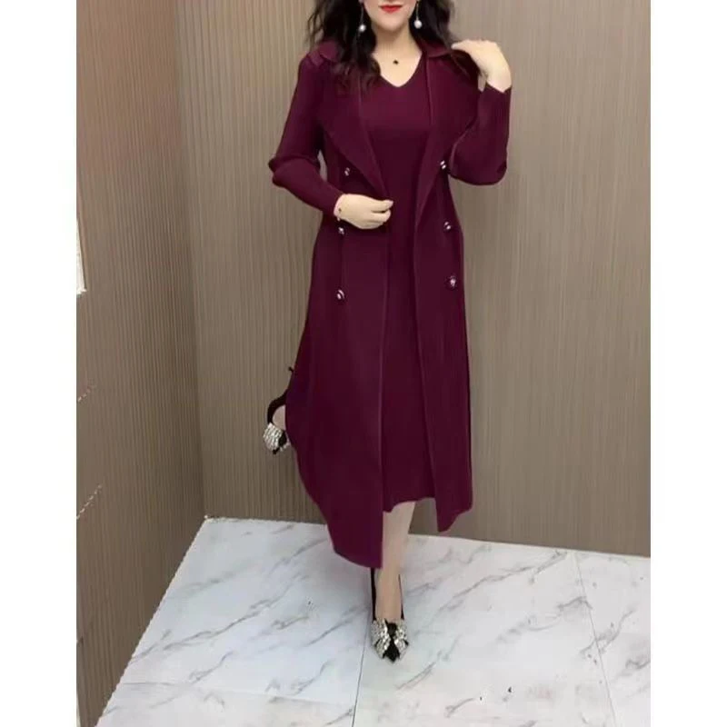 Lady Long Sleeve Temperament Solid Color Vestido Women Vintage Casual Dress Spring Autumn Fake Two Pieces Elegant Fashion Dress