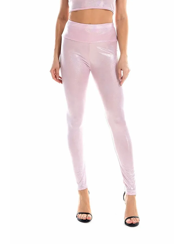 Женские блестящие леггинсы из спандекса металлик с высокой талией, блестящие мокрые жидкие леггинсы, однотонные сексуальные танцевальные брюки Rave Booty, леггинсы-карандаш, S-XXL