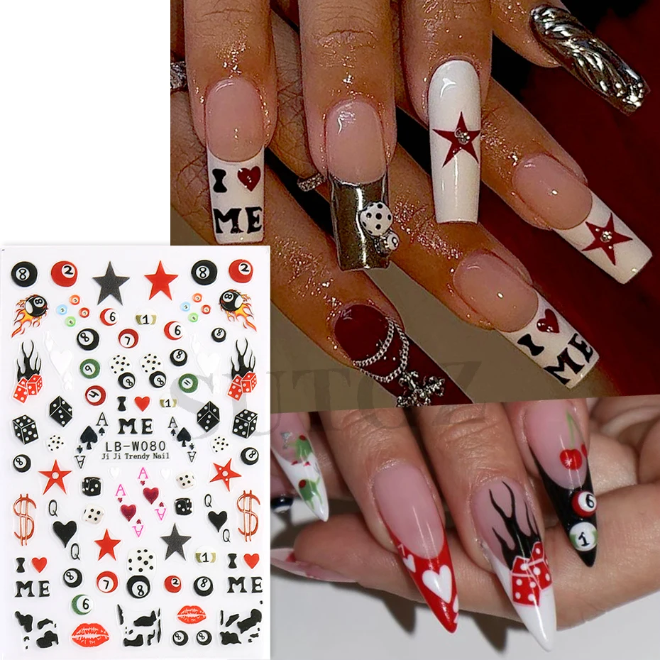 1pcs Cherry NO.8 Black Billiards Ball Nail Art Stickers Lucky Seven Dice Poker Stars Leopard Flame Pool Ball DIY Manicure Decals
