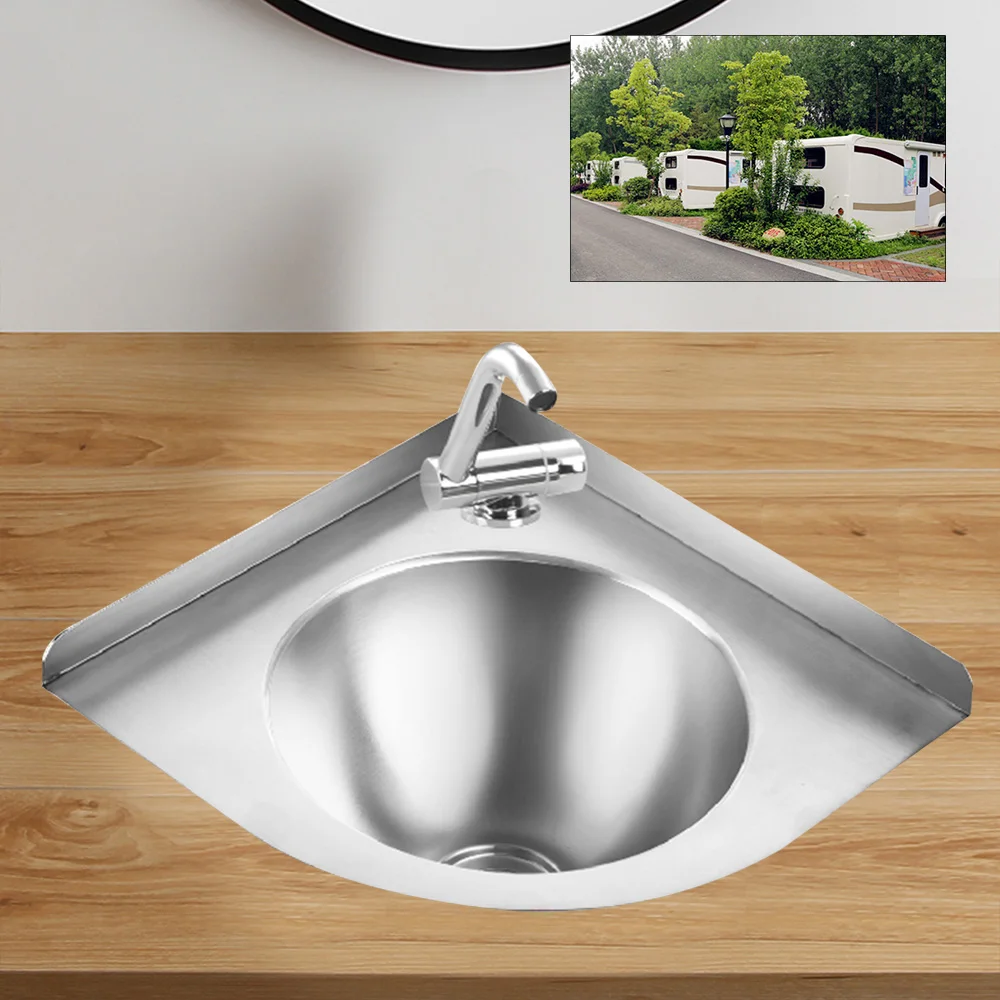 Wall Mount Corner Sink Triangular Stainless Steel Sink with Faucet Easy to Install Bathroom Vanity Vessel Sink for RV, Home wall mount makeup vanity mirror with led light 8 double sided 5x magnification touch button stepless adjustable light