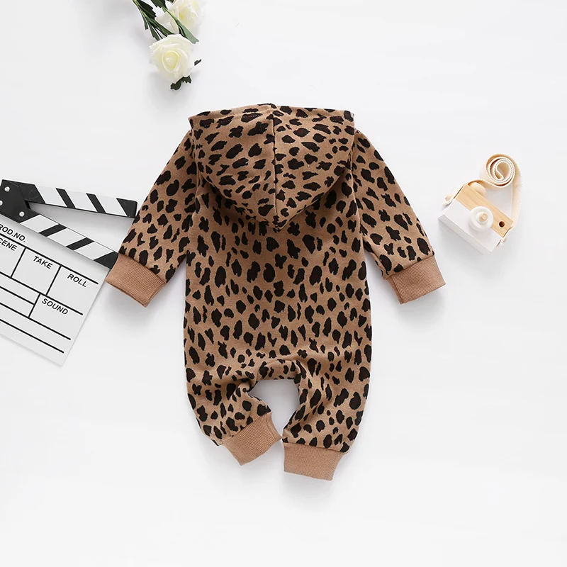 Autumn baby boy leopard print open chest zip bodysuit long crawlsuit