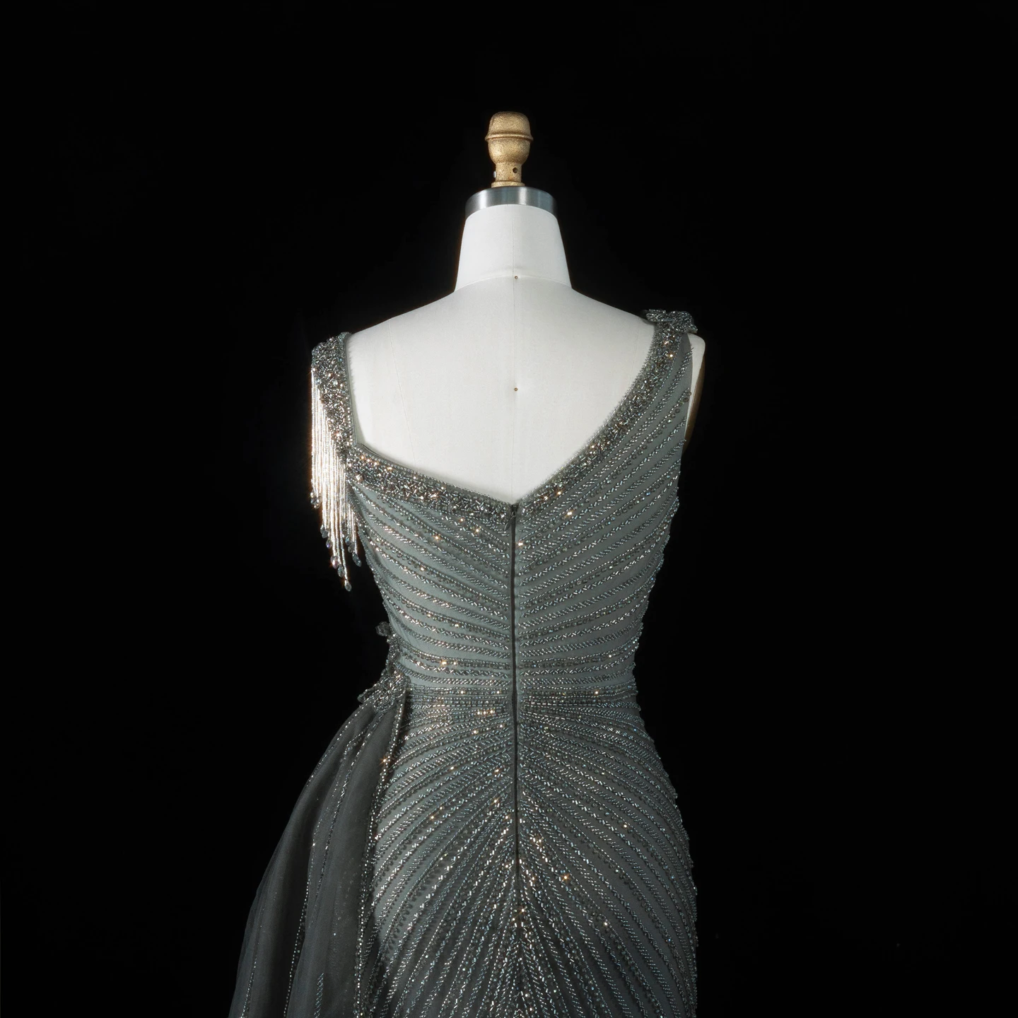 Sharon Said Abendkleid Glamouröses Grünes Tüllkleid mit Perlen und Quasten, Sweetheart-Ausschnitt, Luxuriöses Dubai-Formelles Hochzeits- und Partykleid SS103 Maßanfertigung – Detail 18