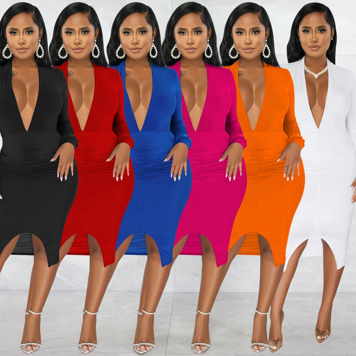 

Повседневное женское платье с глубоким V-образным вырезом, длинными рукавами, жатой тканью и асимметричным разрезом, больших размеров (9XL, 8XL, 7XL, 6XL, XXXXL) для вечеринок, коллекция 2026 года