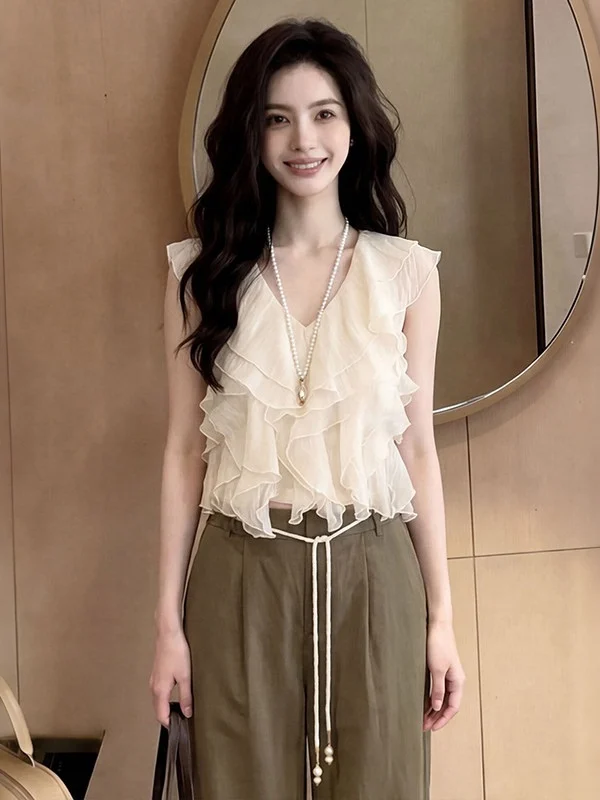 

Korean Style Sweet Lace Trim V-Neck Sleeveless Vest Shirt Spring Summer New Design Elegant Age-Defying Versatile Top Women's ...