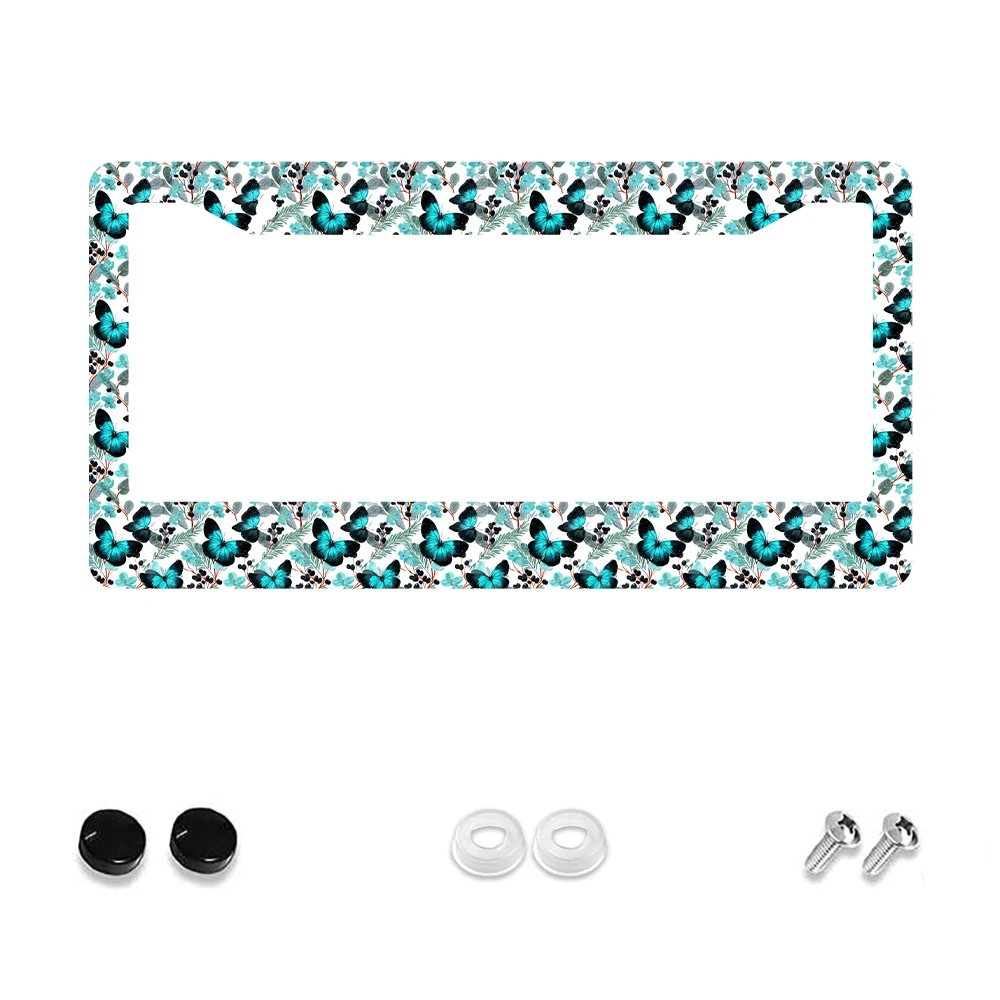 

1pc Blue Butterfly Floral Pattern 2-Hole License Plate Frame, Aluminum Material, 6x12 Inches with Screw Set, Retro Novelty Car