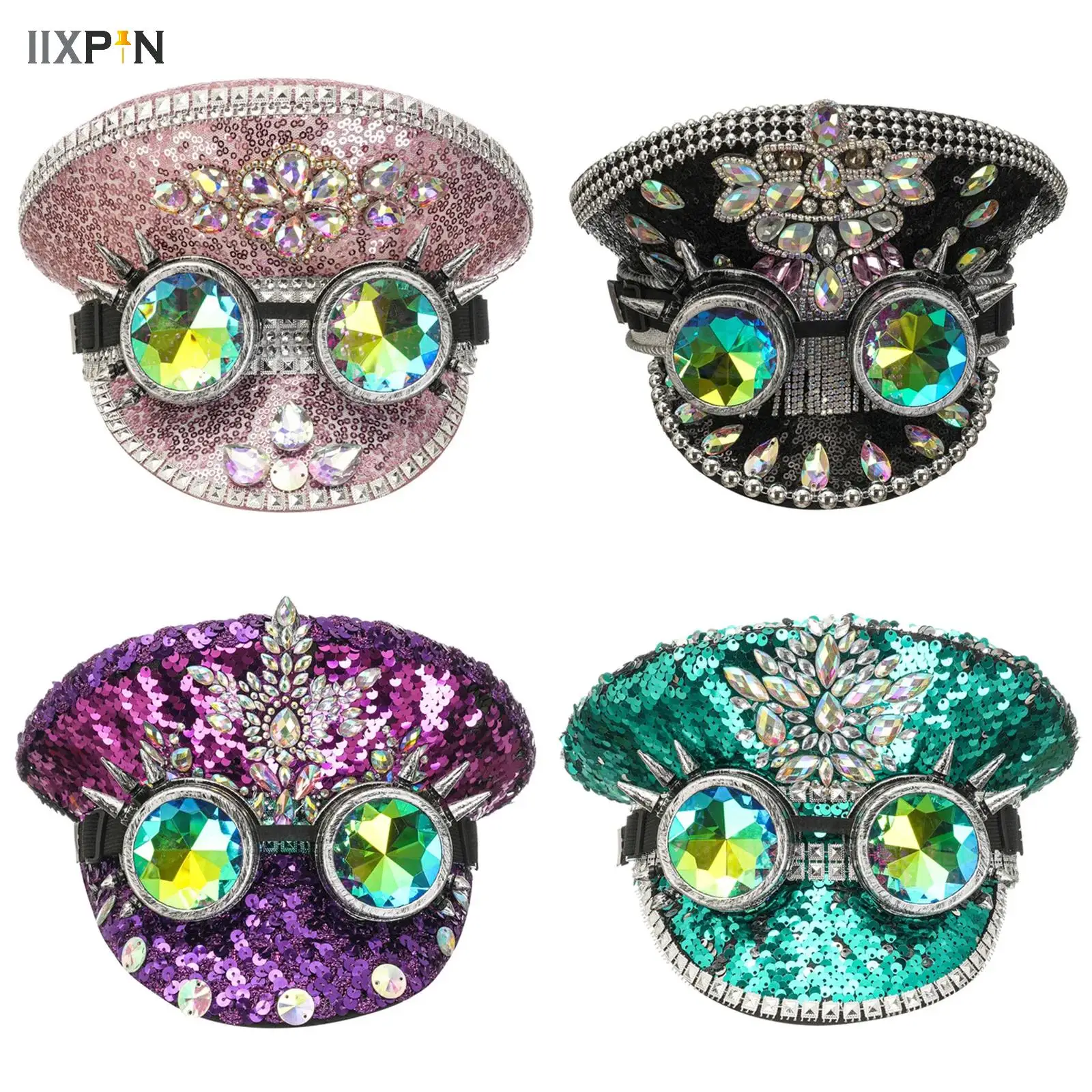 

Luxury Shiny Rhinestones Sequin Hat Club Rave Carnival Music Festival Performance Cosplay Costume Accessories Party Supplies Cap