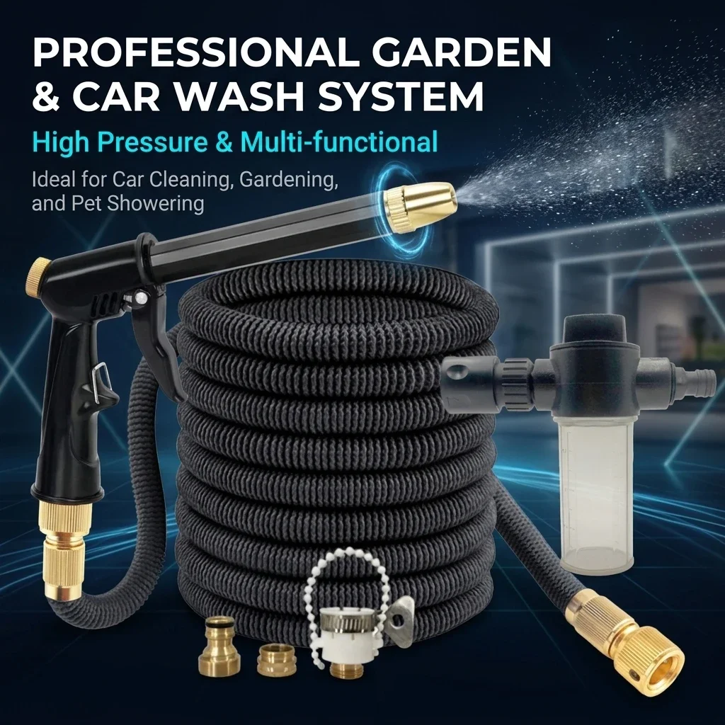 Heavy Duty Retractable Garden Hose Kit, High-Pressure Car Washing Water Gun Kit With Foam Kettle, Outdoor Cleaning Supplies