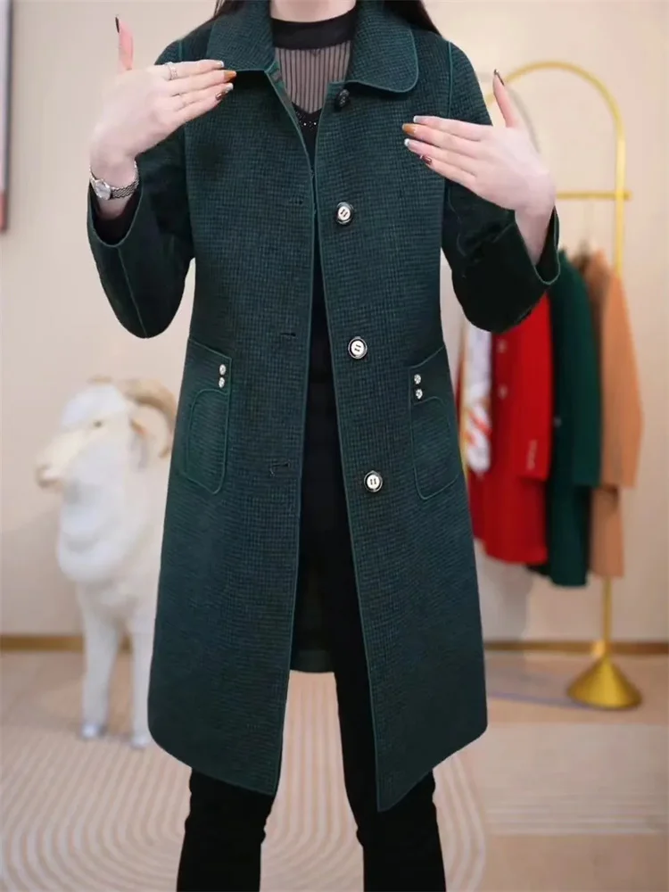 Double-sided Mother Cashmere Coats Long 2024 New Middle-aged Plaid Outwear Autumn and Winter Slim Western Fashion Coat