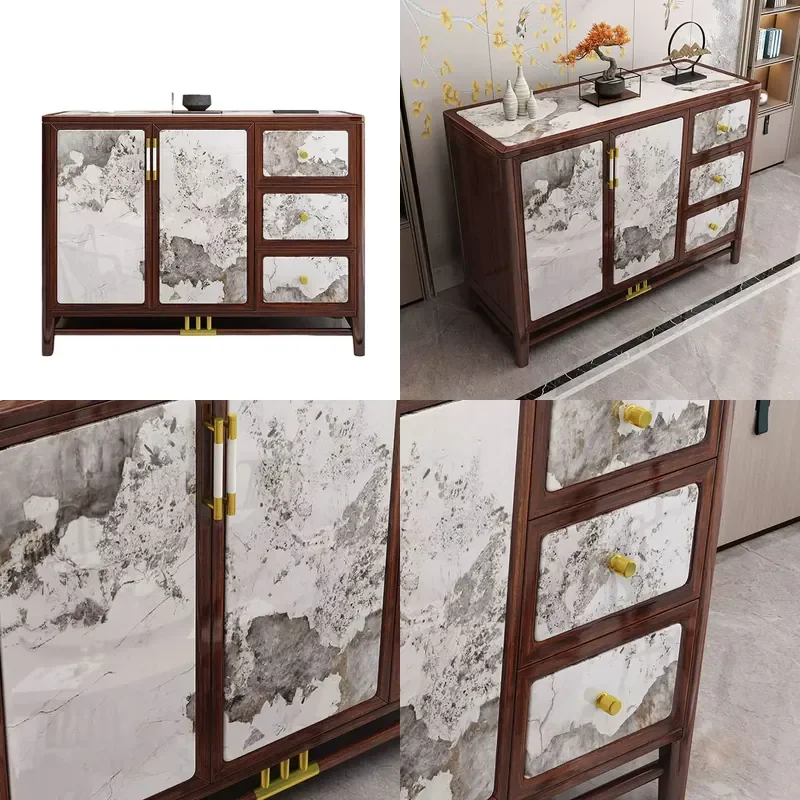 New Chinese Ebony Solid Wood Dining Side Cabinet Two Doors with Drawers Ancient Zen Tableware Cabinet Kitchen Rock Slab Tea