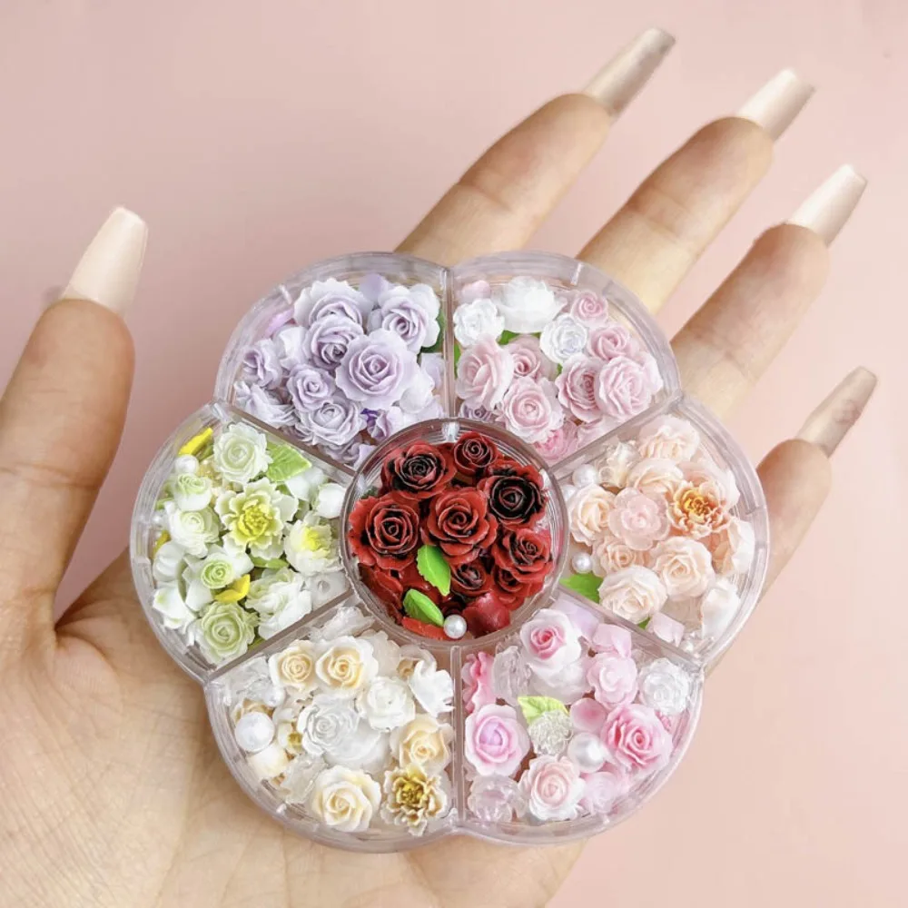 7Grids Pink Rose Flower 3D Nail Charms Mixed Pearl Beads Rhinestone Resin Decorations Nail Accessories Supplies