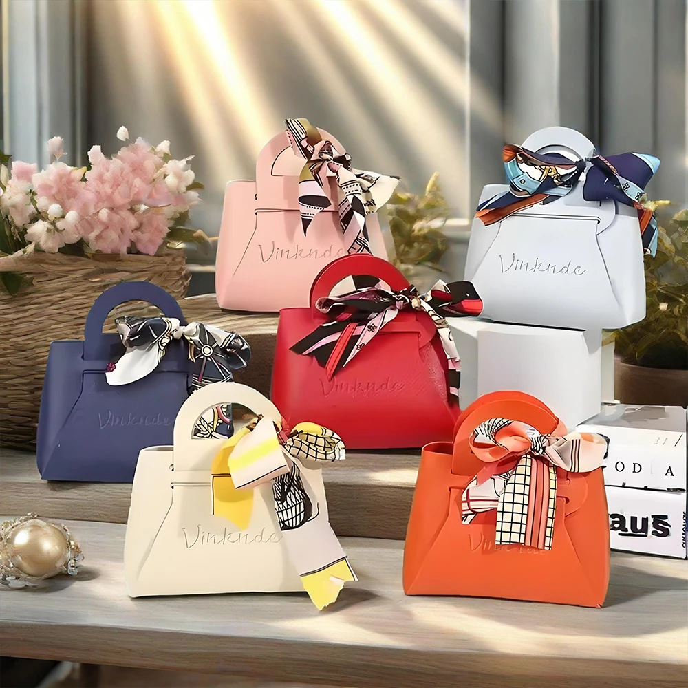 

50Pack Bulk Custom Logo Fashion Pu Leather Small Portable Candy Gift Box Bow Jewelry Packaging Bags Wedding Party Present Bag