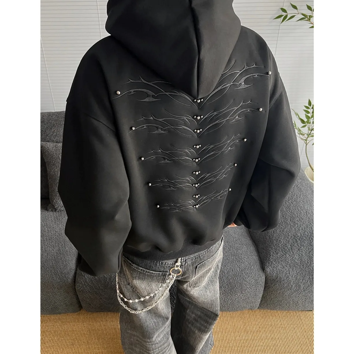 جديد الأمريكية الرجعية العمود الفقري التطريز برشام الحرفية نمط الرجال هوديي Harajuku القوطية فضفاض عارضة الرجال أعلى #5