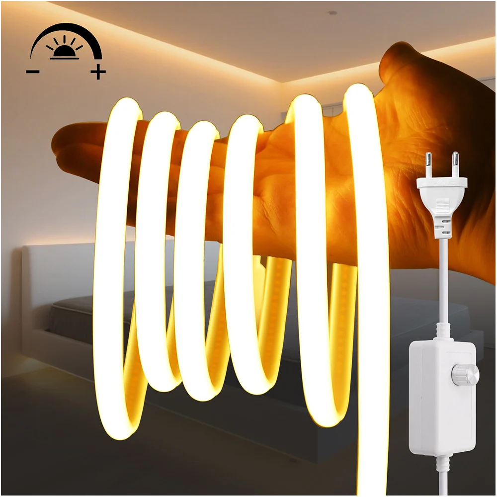 220V variateur COB LED bande néon EU Kit d'alimentation lumière Flexible 288LED s lampe à Tube laiteux 3000k 4000k 6000k RA90 éclairage linéaire