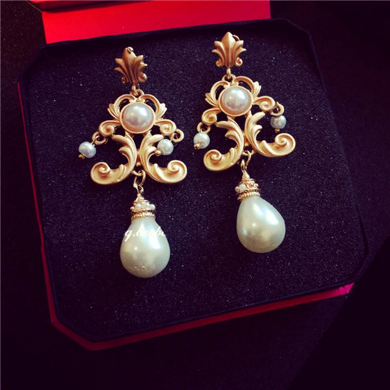 Retro Luxury Baroque Bride Earring For Women Euramerican Palace Vintage Pop Pearl Earrings