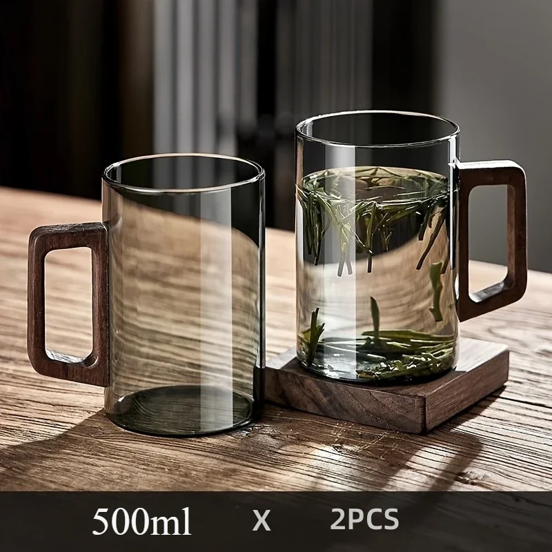 

2pcs 500ml Glass Cups with Walnut Handle Household Heat-resistant Mug Large Capacity Tea Making Cup Office Drinking Glasses