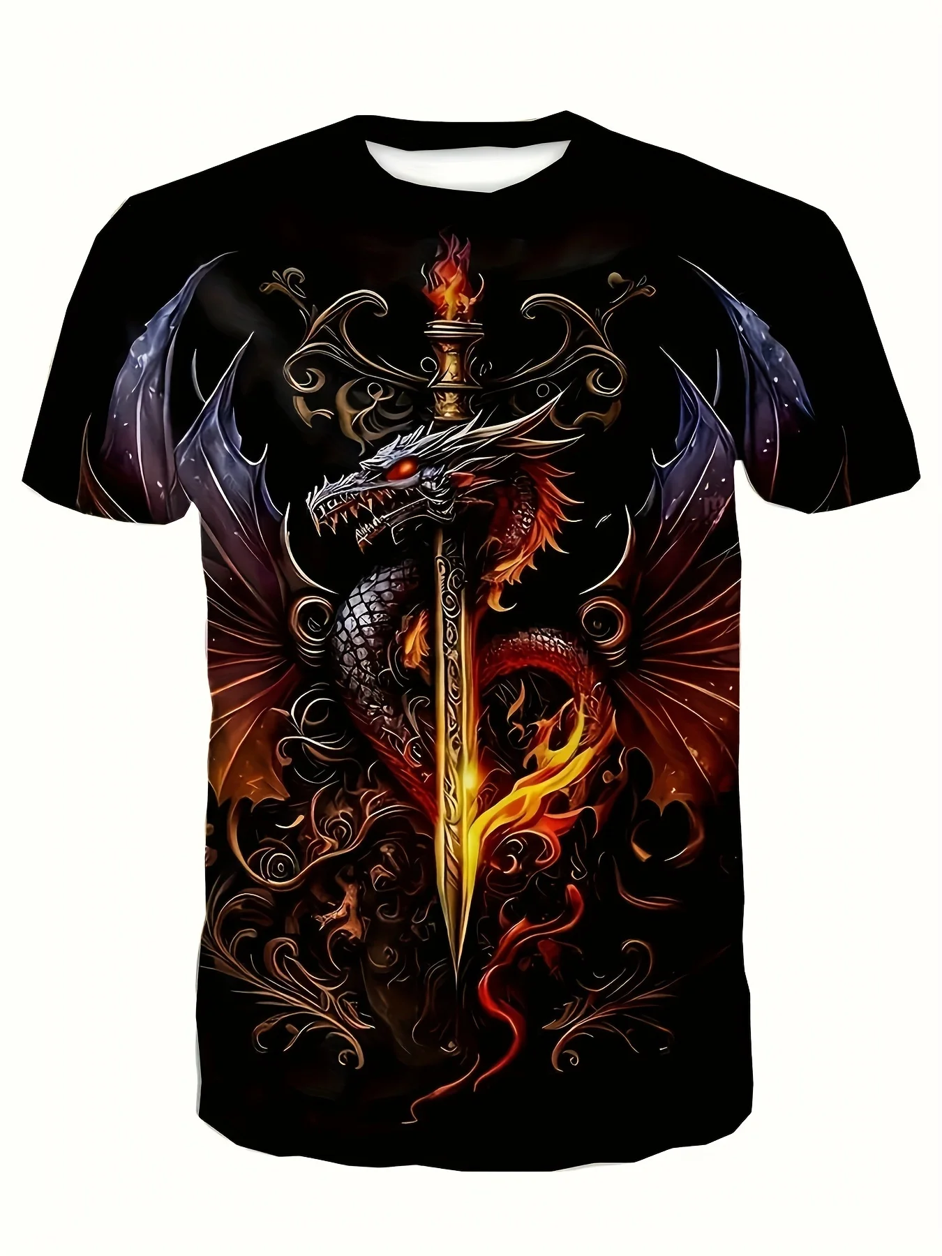 New Epic Gothic Fire Dragon Sword Graphic Unisex Tee Short Sleeve Loose Casual Top for Streetwear Festival Daily Party Outfit
