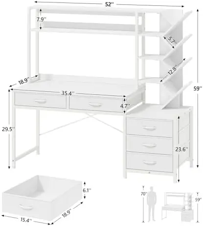 Reversible Computer Desk with Hutch, Home Office Desk with 5 Drawers and Bookshelf, 52'' Study Writing Desk with
