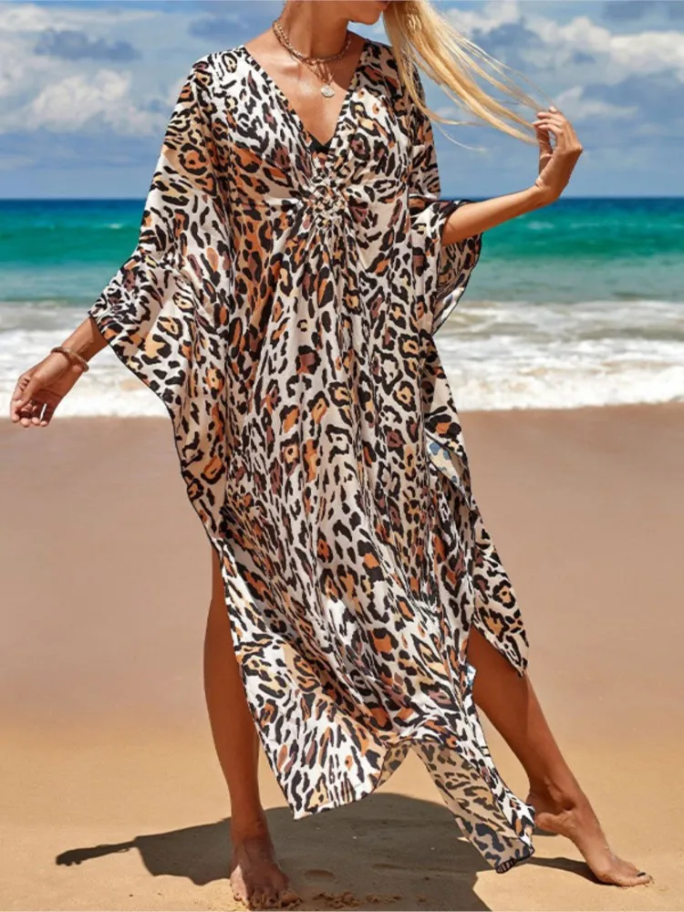 

Bohemian Casual Women Bikini Skirt Dress Summer Fashion New Printed V-neck Beach Vacation Sunscreen Loose Ladies Dresses