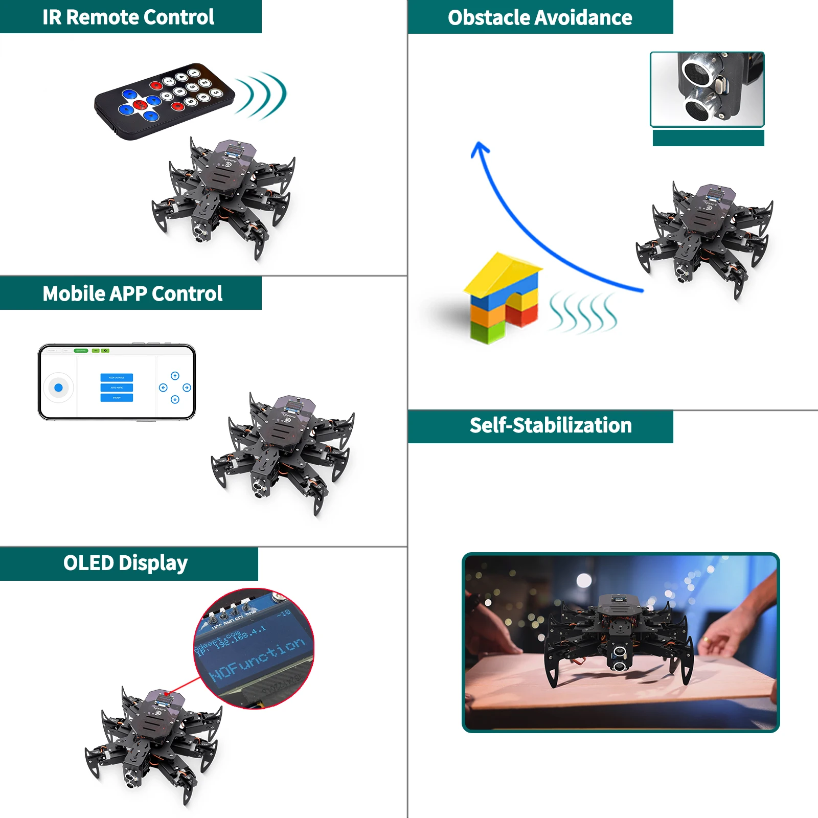 Imagen 5: Adeept Ultimate Hexapod Spider Robot Kit, Cuerpo Metálico, Programación Arduino, Control Remoto WiFi/IR con Pantalla OLED