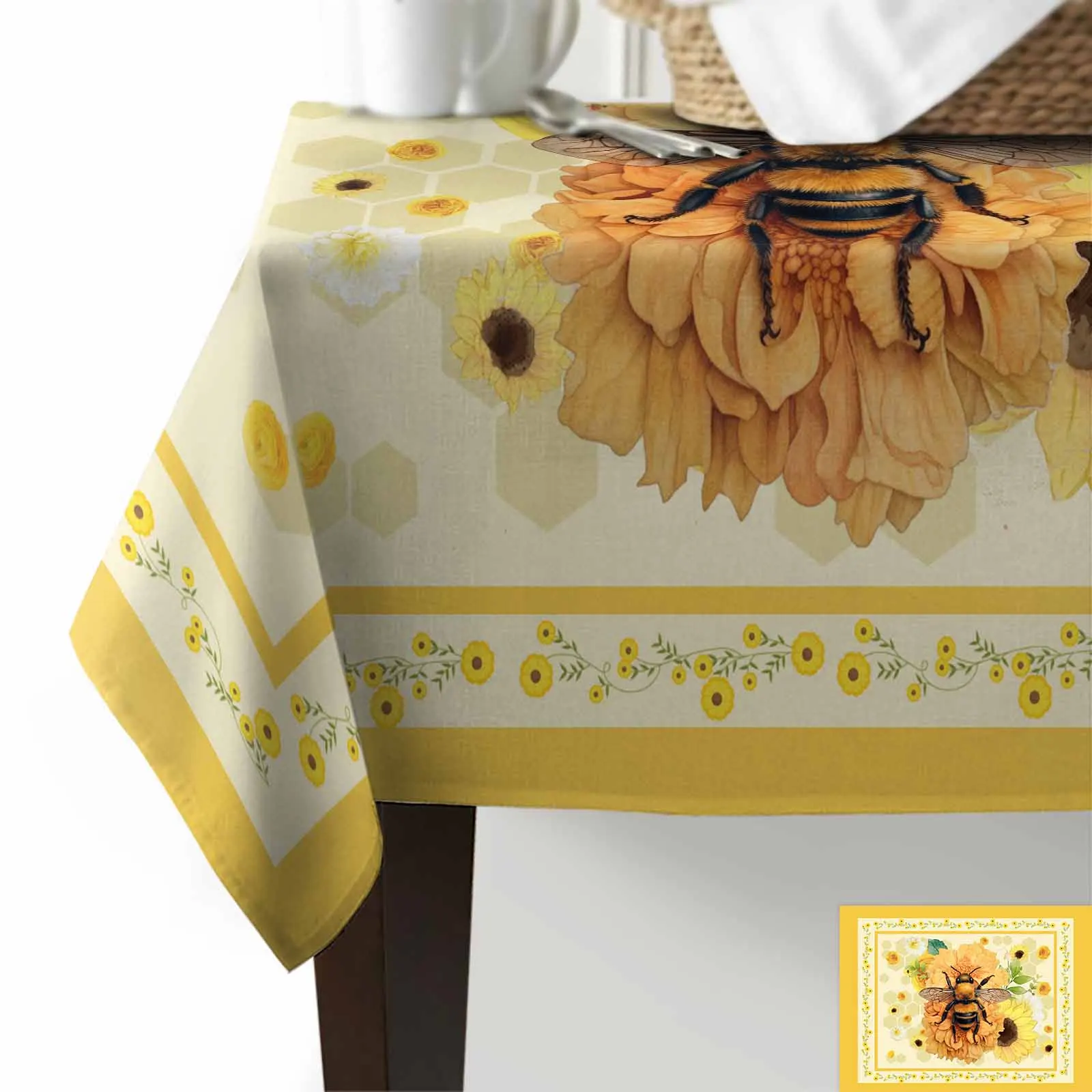 Flowers Bees Animals Honeycomb Yellow Anti-scalding Waterproof Tablecloth Rectangular Round Table Cover Kitchen Furnishings