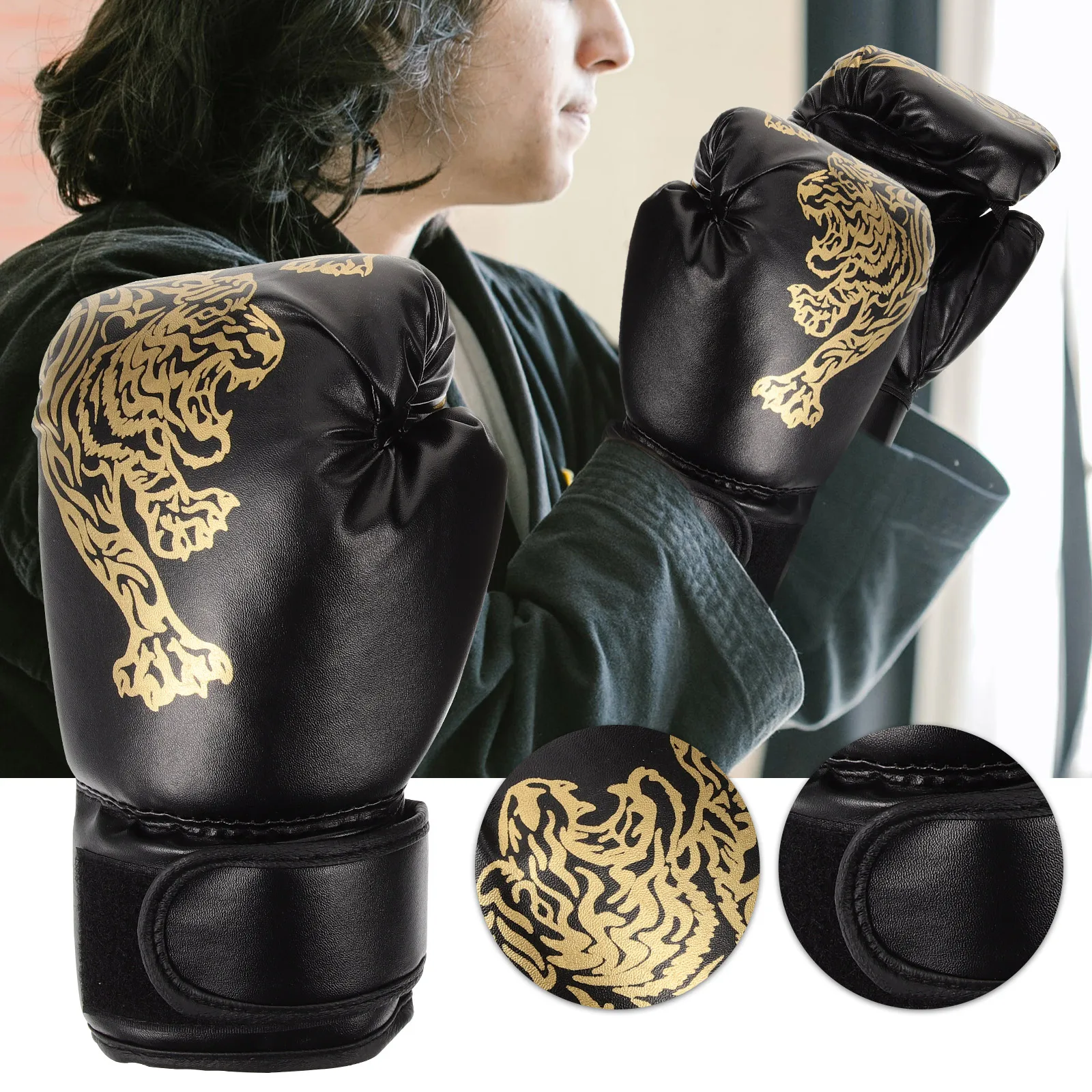 

Boxing Gloves Kids Sports Equipment Durable PU Material Adjustable Wrist Straps Black Sparring Child Lightweight Portable