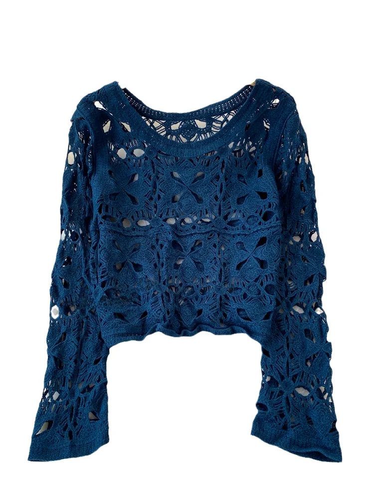 2024 Spring Summer Pullovers Tops Korean Fashion Long Sleeve Women Hollow out Knitted Shirt Round Neck Hook Flower Knitwear