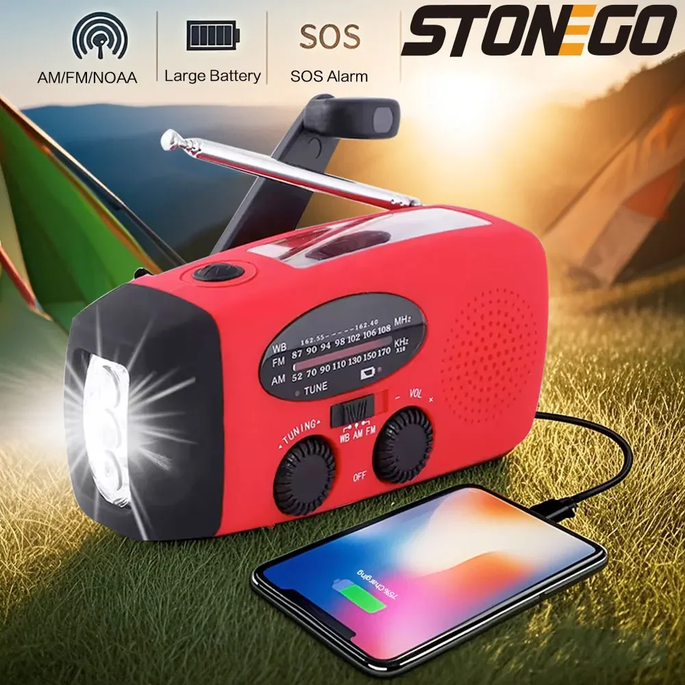 Solar Hand Crank Powered Camping Light With AM/FM Radio Outdoor 2000mAh USB Charging Multifunctional Hand Dynamo LED Flashlight