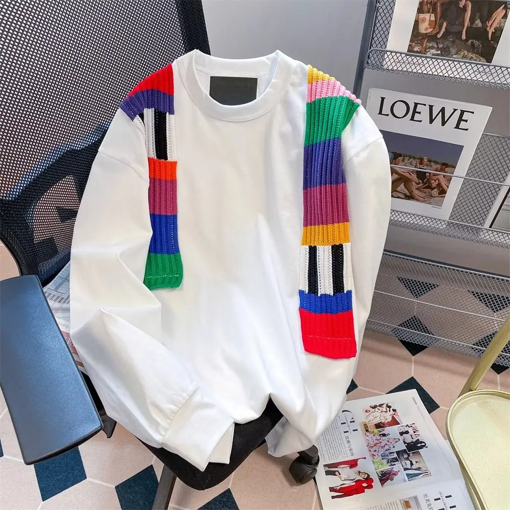 

American fashion brand colorful striped splicing shawl plus velvet long-sleeved T shirts for men and women plus size couple tops