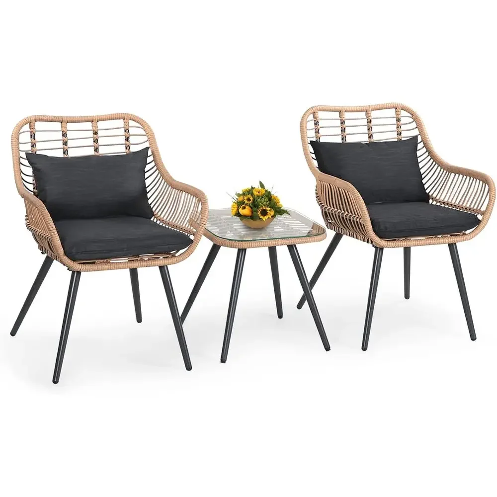 Outdoor Wicker 3-Piece Patio Bistro Set with Glass Top Table and Cushioned Chairs for Balcony, Porch, or Deck
