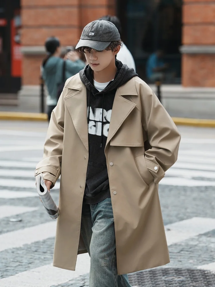 

Khaki Men's Long Waistcoat Autumn Faionable Suit Collar Jaet Youthful Polyester Fiber Modern Sle Single Button Closure