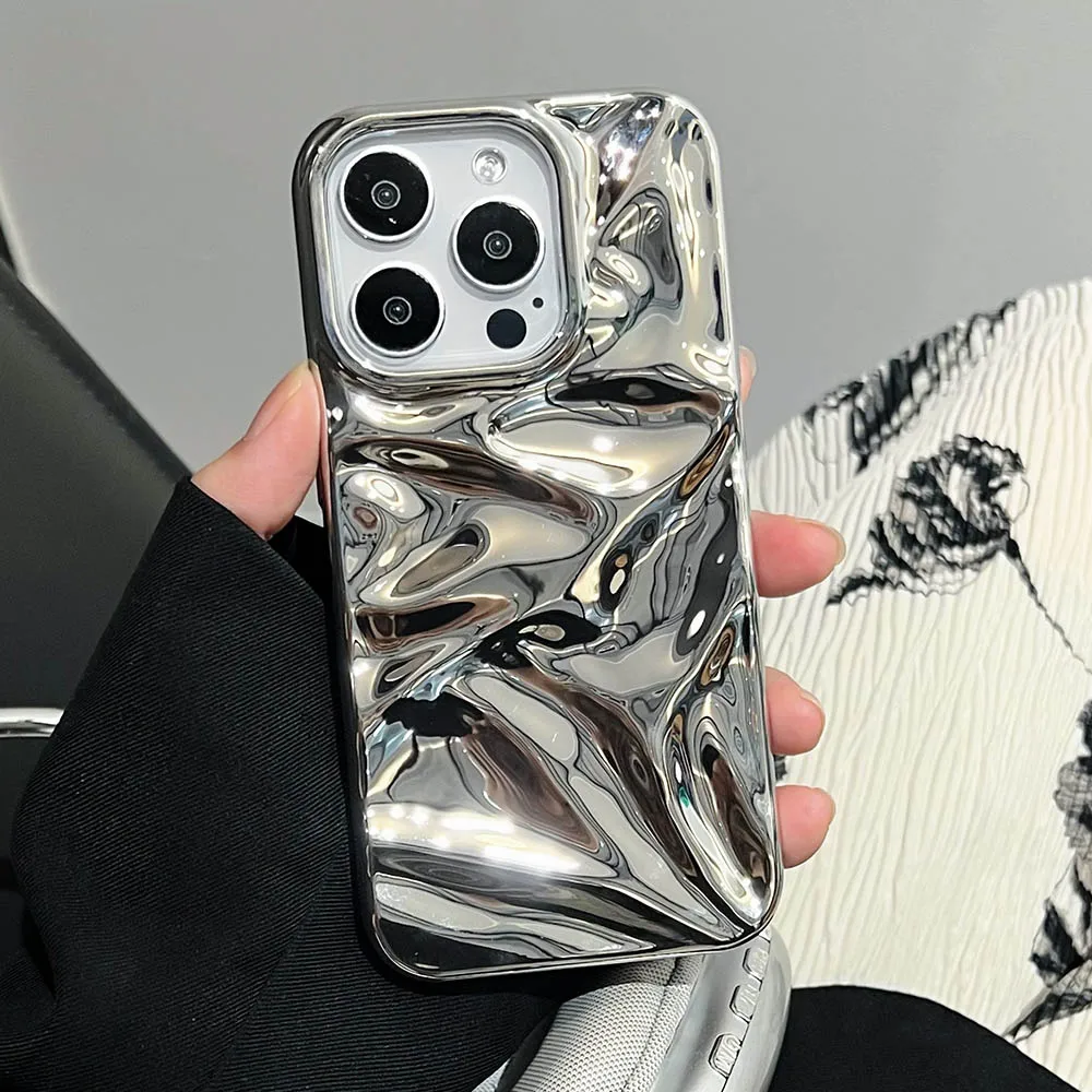 Luksusowe, galwanizowane, srebrne etui 3D z efektem zmarszczek na telefon iPhone 17 16 15 14 13 11 12 Pro Max 17Air, miękkie etui z efektem fioletowej fali wodnej.