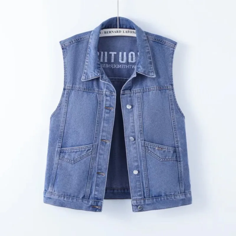 

Casual Denim Vest For Women Spring and Autumn New Style Korean Version Loose Pocket Embroidered Vest Jacket Black Blue