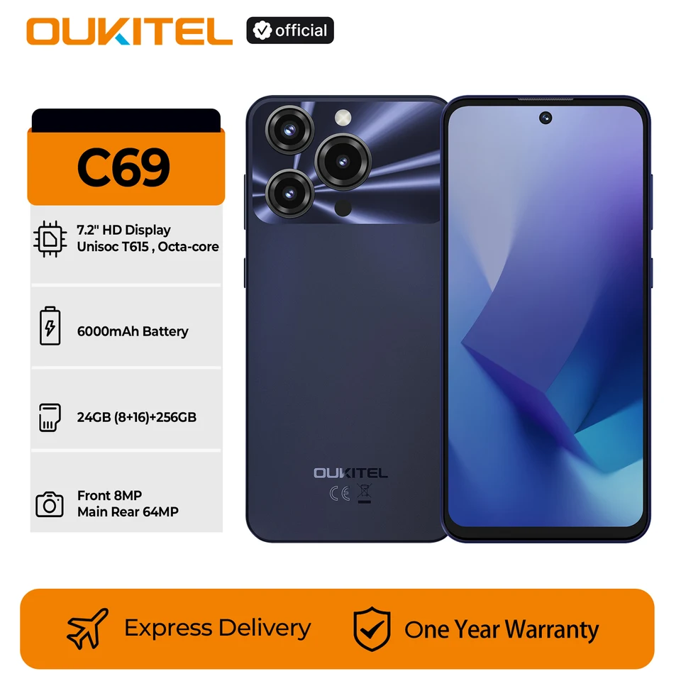 OUKITEL C69スマートフォン 6000mAh、7.2インチHD+大画面 24GB(8+16)+