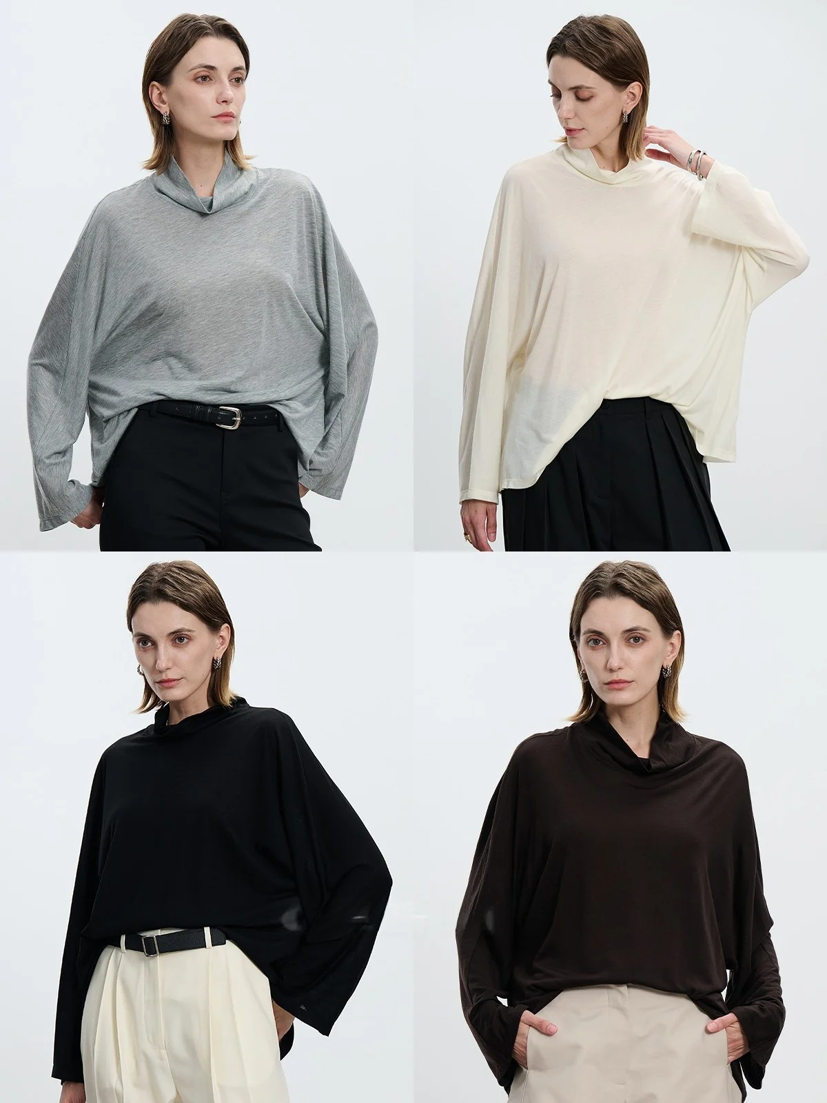 

CEMO Silk Wool Long Sve Loose Ne T-irt Women's Casual Sle High Ne Batwing Sve Breathable Sweat Absorbent Top