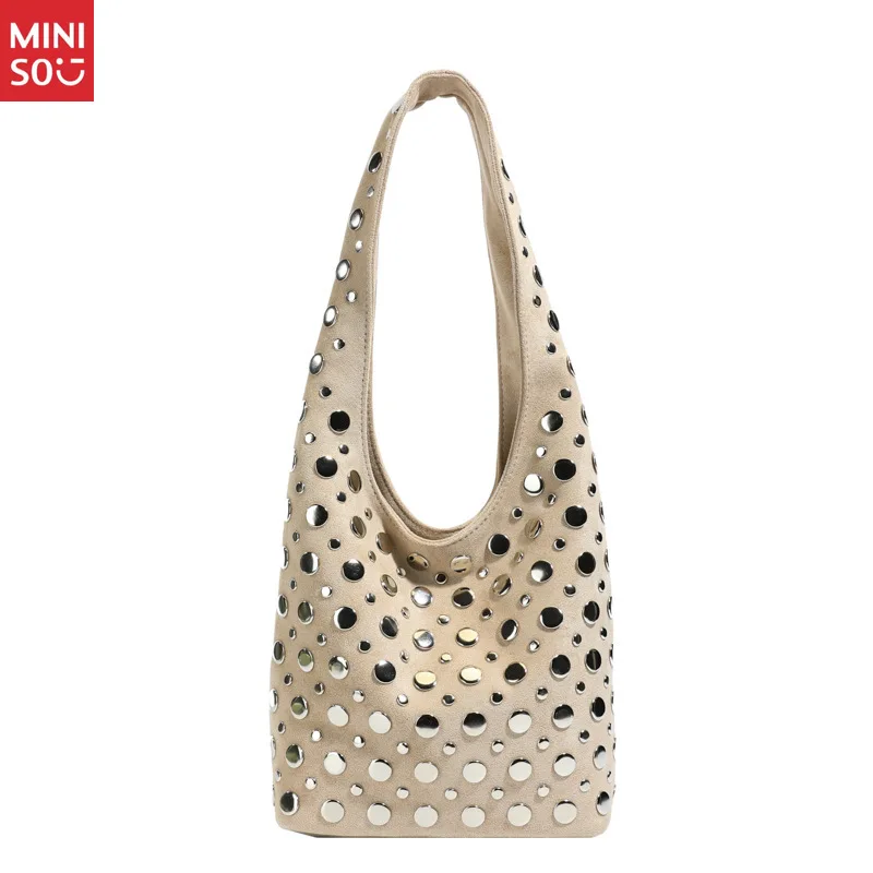 Miniso Punk Style Embellished Double-Faced Round Rivet Inlaid Niche Luxury Bucket Bag Chic Lady Underarm Large Capacity Shoulder
