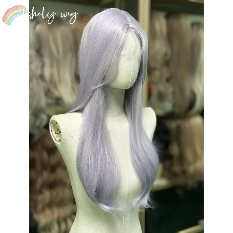 Peluca sintética ondulada larga y recta para mujer, cabello morado ashey, lila, diadema para Cospay, Lolita resistente al calor, 26 pulgadas