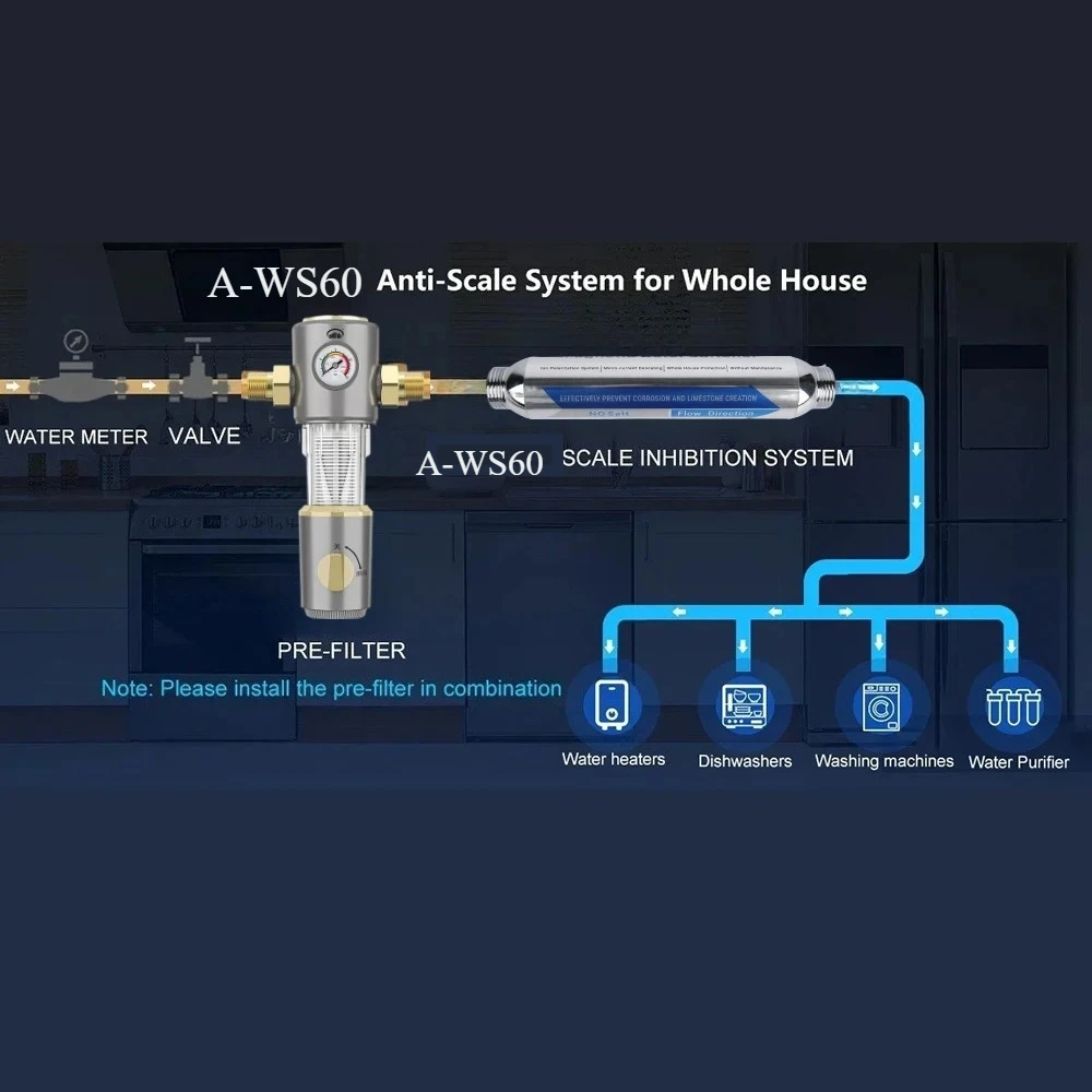 منقي مياه خالي من الملح للمنزل بالكامل، فلتر مياه، مضاد للحجر الجيري، إزالة الترسبات المغناطيسية الفائقة لتثبيط وإزالة المقياس