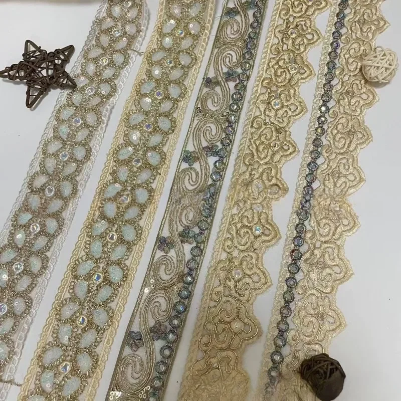 Embroidered Gold Lace Trims, Wedding Crafts, Ribbon Accessories, Gifts, 1 Yards