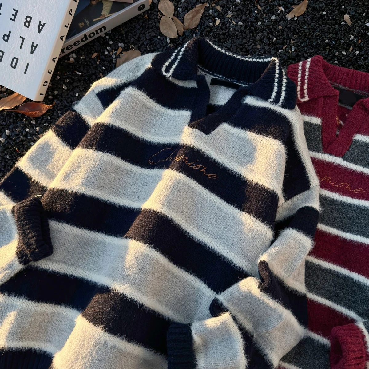 

American Retro Loose Knitted Sweater V-Ne Stripe Color Blo High Street Sle Men's Faion Casual Long Sve Crew Ne
