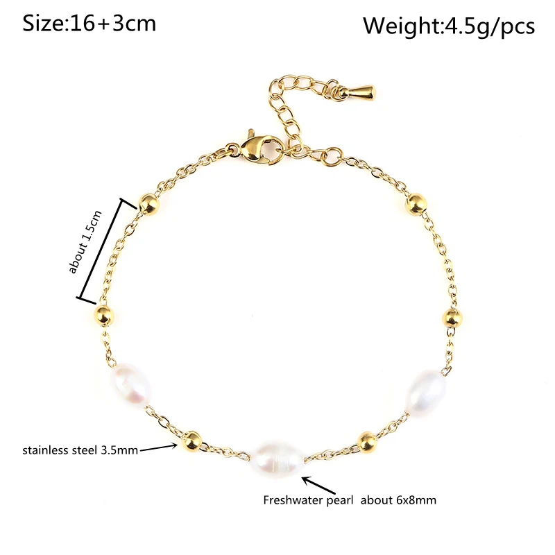 HuPo.HuTu. New Charm Jewelry Women\' Gift Freshwater Pearl Chain Waterproof 18K Gold Plated Bead Wrapped Stainless Steel Bracelet