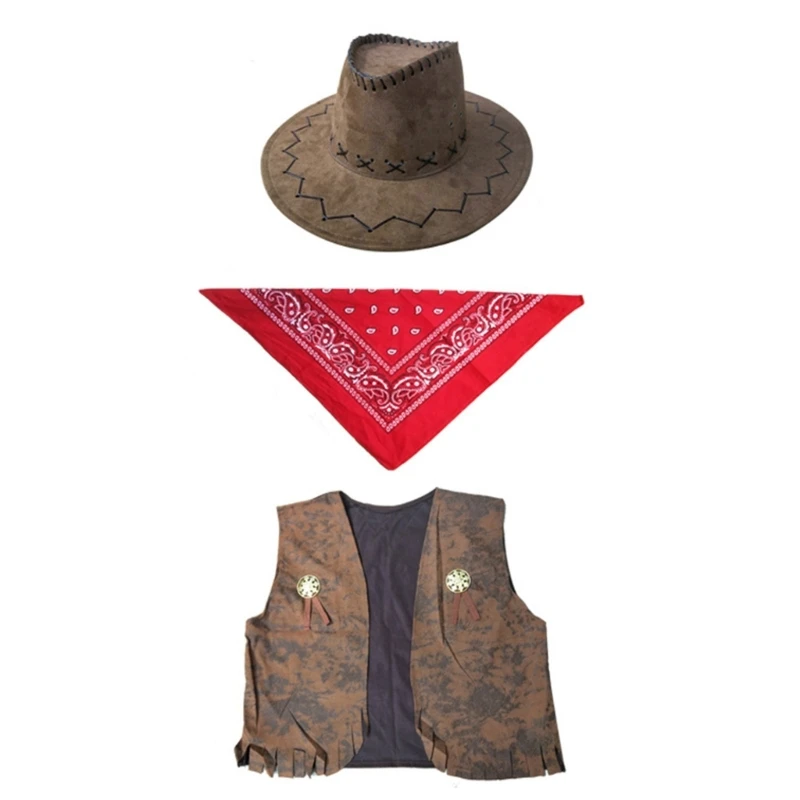 Halloween Cow-boy Costumes with Cow-boy Hat Vests Scarf Cos-play Party Costume Accessories for Women Men Halloween Party