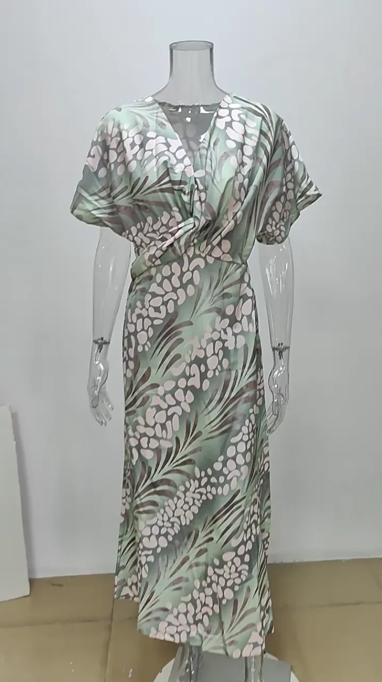 Women Dresses 2026 New Wear Summer Features Tight Print sexy V-Neck Mid-Waist Twist Long Dresses Women's Clothing Vestidoes