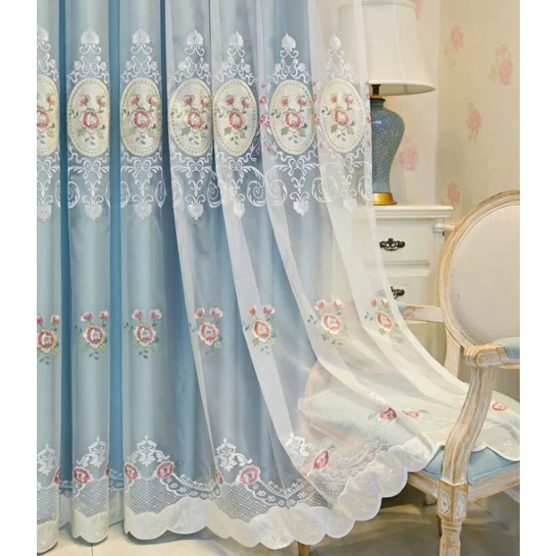 European Pastoral Embroidery Double-layer Curtains for Living Room and Bedroom Blackout Curtains