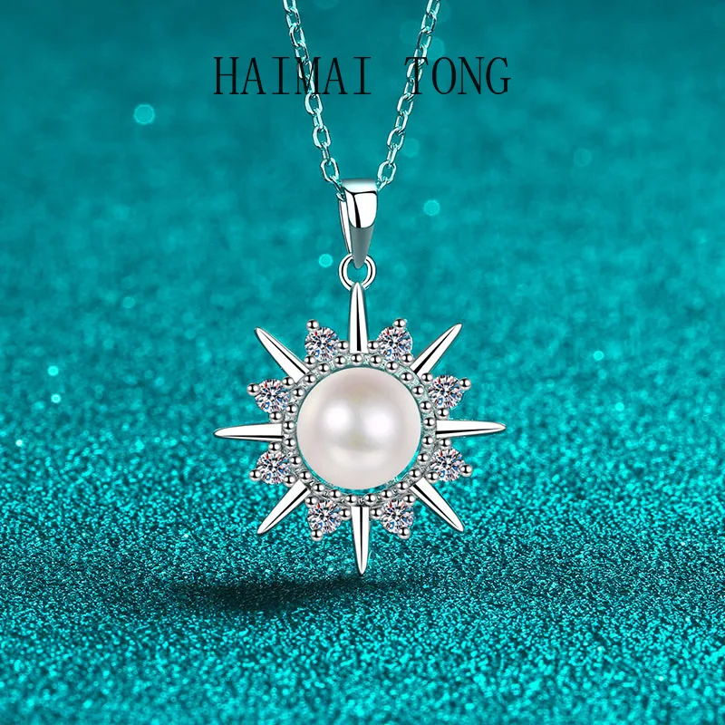

Женское ожерелье HAIMAITONG с натуральным пресноводным жемчугом pt950, платиновый муассанит, подвеска в виде подсолнуха