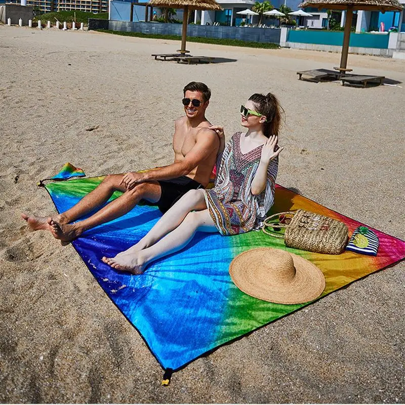 

Travel Picnic Blanket Waterproof Beach Mat 86.61x70.87 Inches Lightweight Camping Pad With 4 Corner Pockets And 4 Pegs Windproof