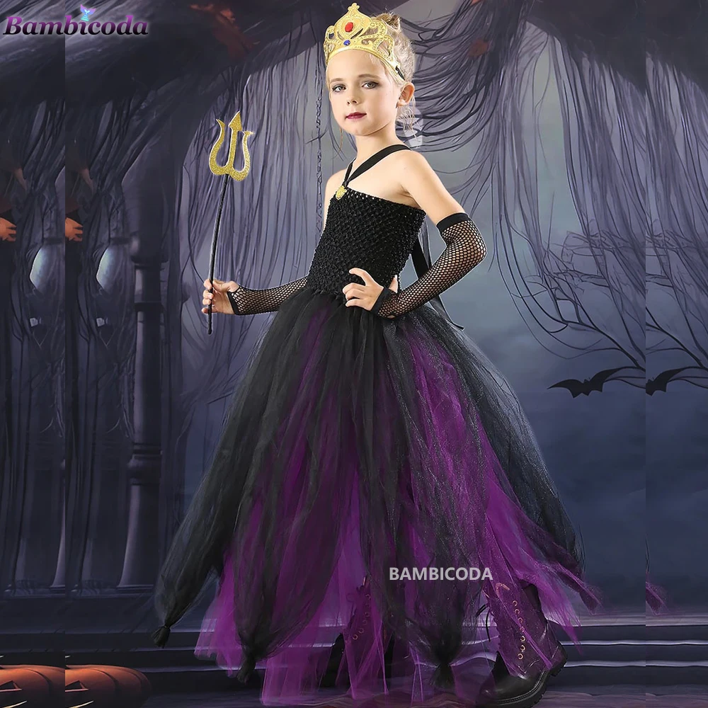 Sea Witch Ursula Cosplay for Girls Purple Octopus Long Tutu Dress for Kids Carnival Outfit Magic Wand Crown Halloween Costumes